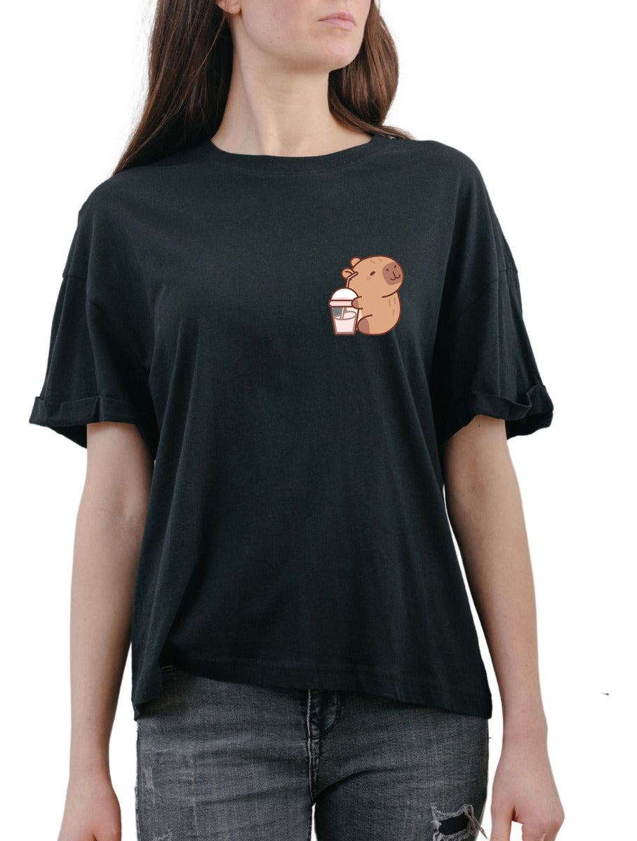 Women's Black T-Shirt – Cute Capybara with Milkshake | Urban Minimalism