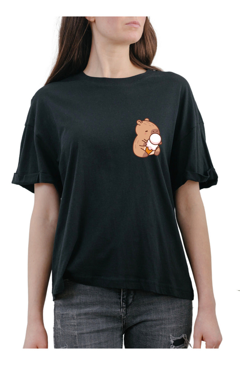 Women's Black T-Shirt – Capybara with Ice Cream | Funny Minimalist Design