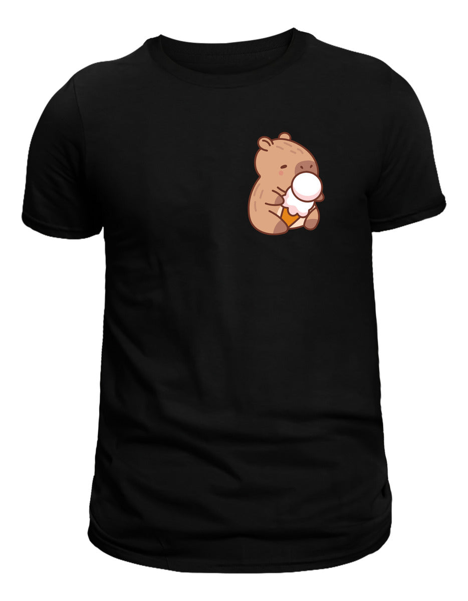Playera Negra Hombre – Capibara con Helado | Diseño Divertido Minimalista