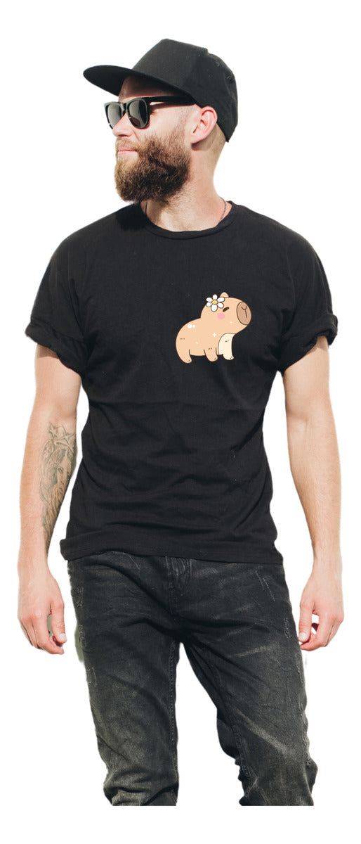 Men's Black T-Shirt – Capybara with Flower | Cute Minimalist Design | Urban Minimalism