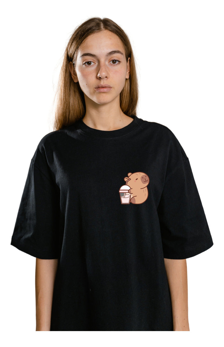 Women's Black T-Shirt – Cute Capybara with Milkshake | Urban Minimalism