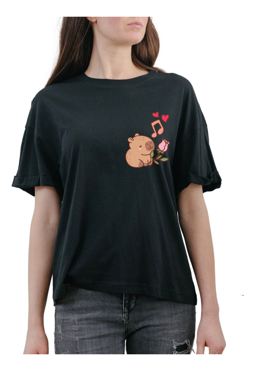 Women's Black T-Shirt – Capybara Singing with Hearts | Urban Minimalism