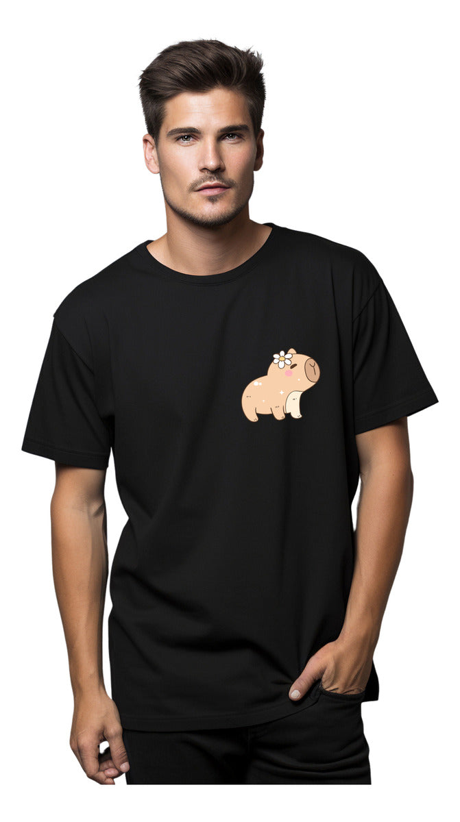 Men's Black T-Shirt – Capybara with Flower | Cute Minimalist Design | Urban Minimalism