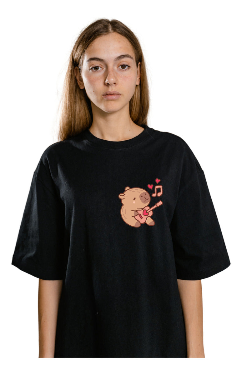Women's Black T-Shirt – Capybara Playing Guitar | Urban Minimalism