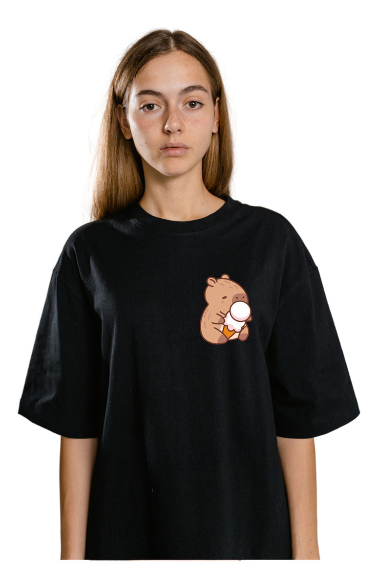 Women's Black T-Shirt – Capybara with Ice Cream | Funny Minimalist Design