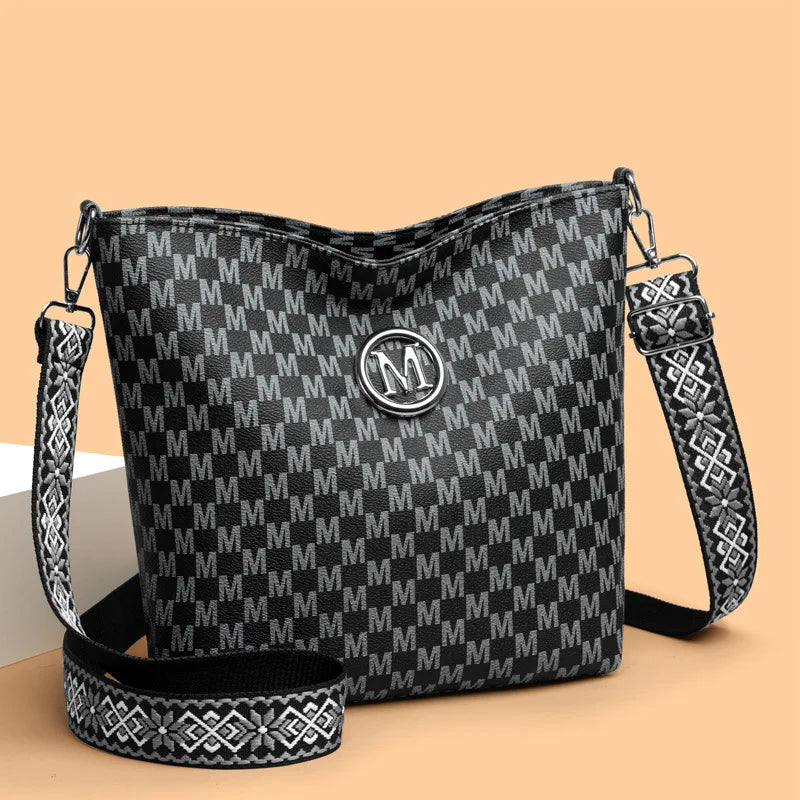 Vintage Women's Crossbody Bag, Faux Leather Shoulder Bag with Golden Hardware, Pattern "M" Design, Removable Strap for Daily Use