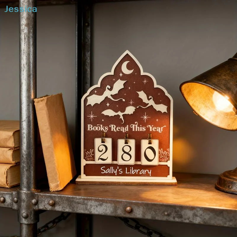 ♥Flat Wooden Book Count Tracker – Anniversary Decor & Desktop Ornament for Reading Goals