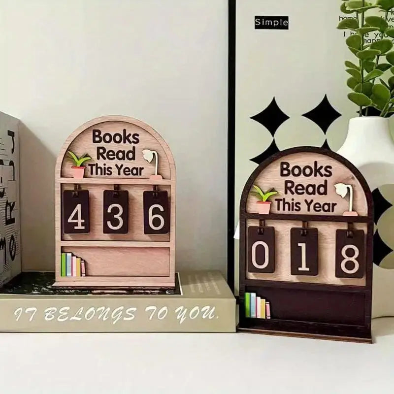 ♥Flat Wooden Book Count Tracker – Anniversary Decor & Desktop Ornament for Reading Goals