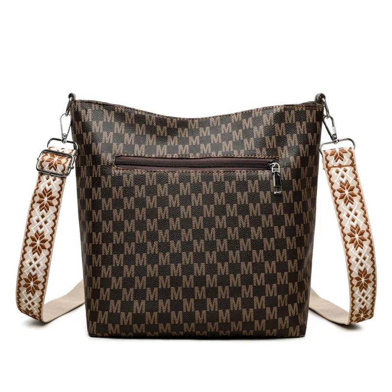 Vintage Women's Crossbody Bag, Faux Leather Shoulder Bag with Golden Hardware, Pattern "M" Design, Removable Strap for Daily Use