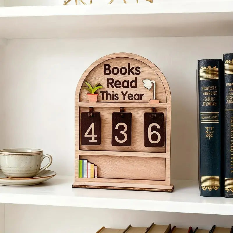 ♥Flat Wooden Book Count Tracker – Anniversary Decor & Desktop Ornament for Reading Goals