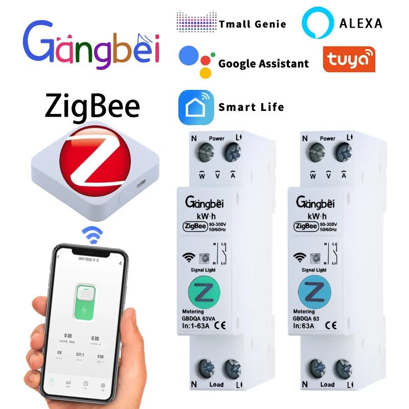 TUYA ZigBee Smart Circuit Breaker Smart Switch 1P 63A DIN Rail for Smart Home Wireless Remote Control WiFi Switch by APP Gangbei