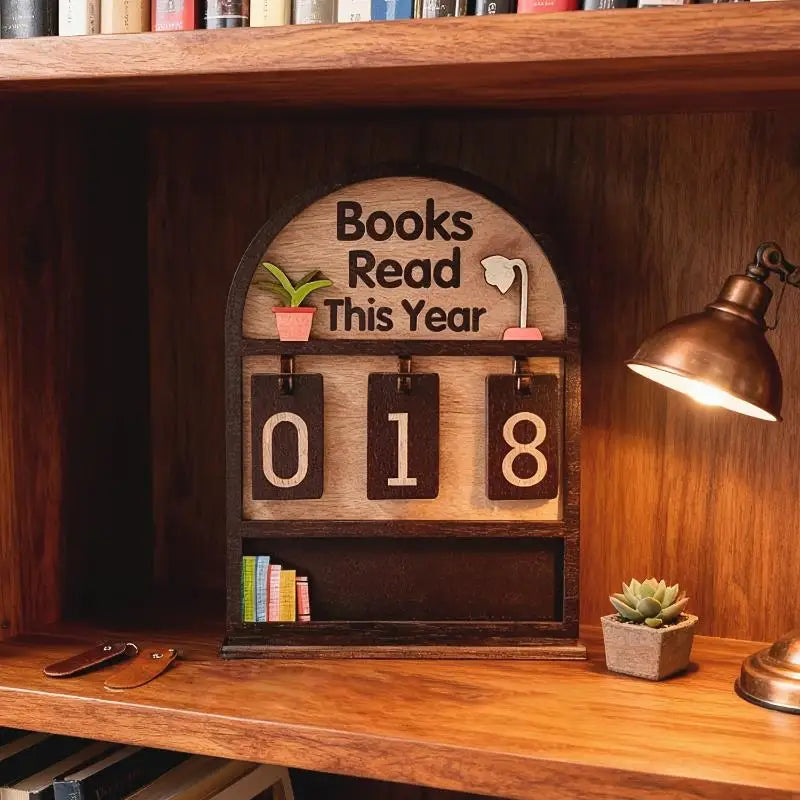 ♥Flat Wooden Book Count Tracker – Anniversary Decor & Desktop Ornament for Reading Goals