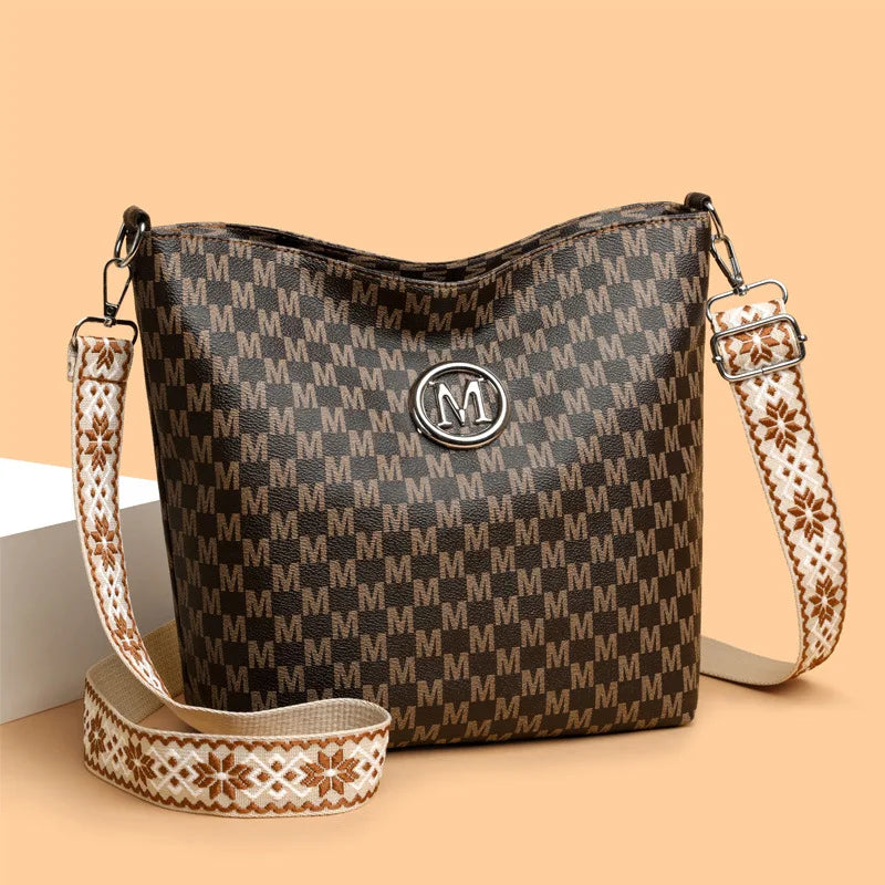 Vintage Women's Crossbody Bag, Faux Leather Shoulder Bag with Golden Hardware, Pattern "M" Design, Removable Strap for Daily Use