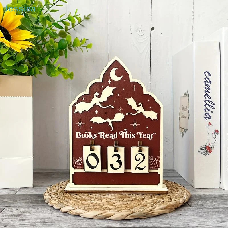 ♥Flat Wooden Book Count Tracker – Anniversary Decor & Desktop Ornament for Reading Goals