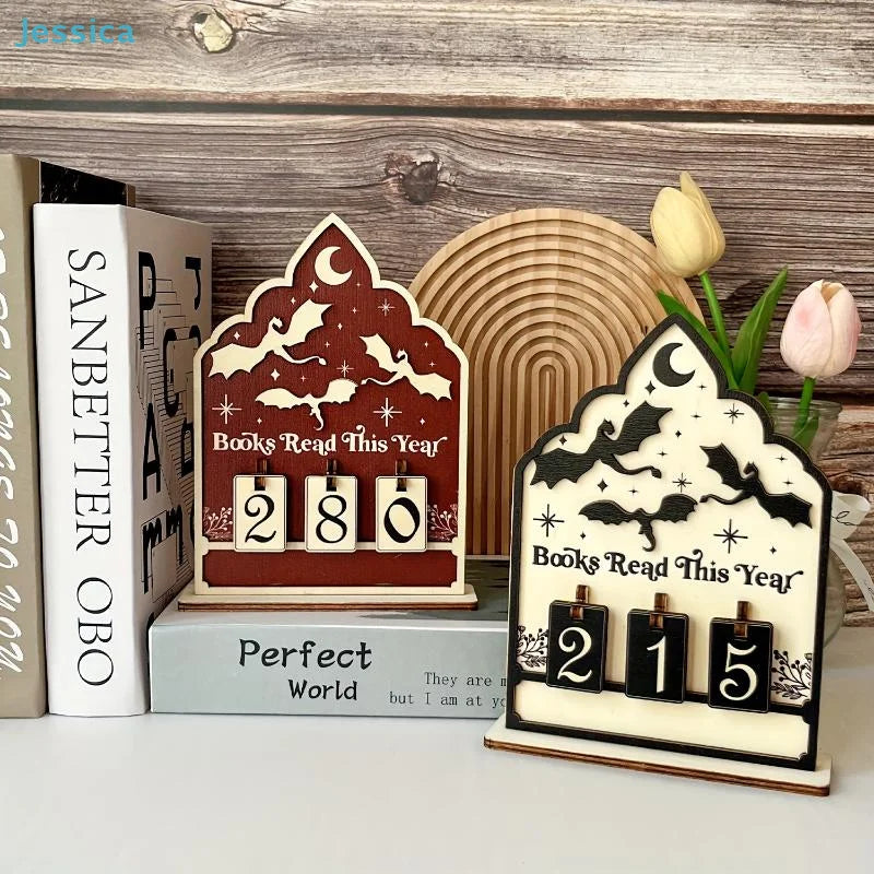 ♥Flat Wooden Book Count Tracker – Anniversary Decor & Desktop Ornament for Reading Goals