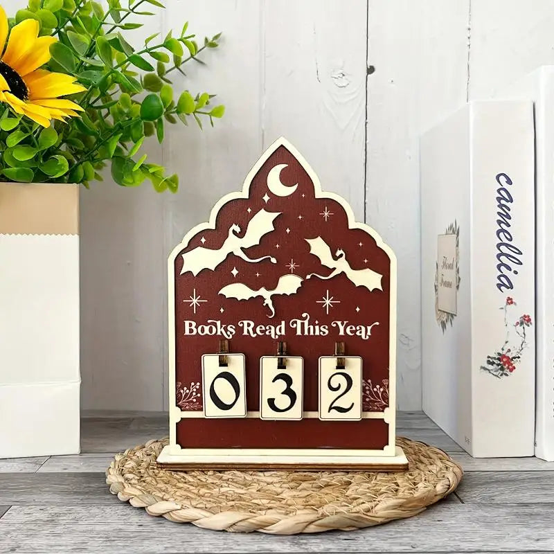 ♥Flat Wooden Book Count Tracker – Anniversary Decor & Desktop Ornament for Reading Goals