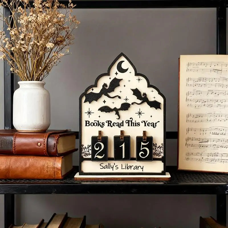 ♥Flat Wooden Book Count Tracker – Anniversary Decor & Desktop Ornament for Reading Goals