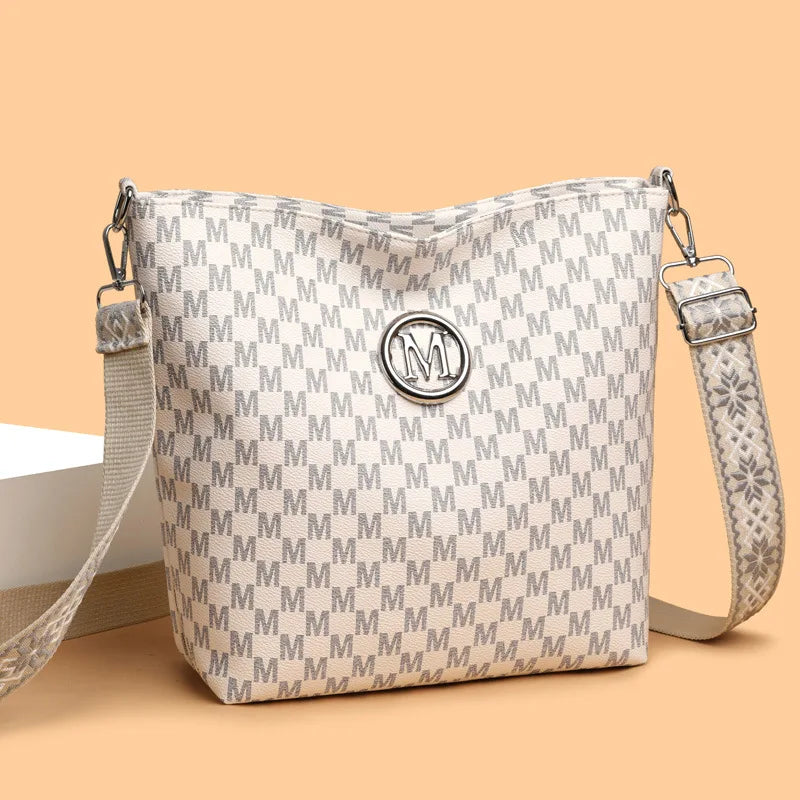 Vintage Women's Crossbody Bag, Faux Leather Shoulder Bag with Gold Hardware, "M" Pattern Design, Removable Strap for Daily Use