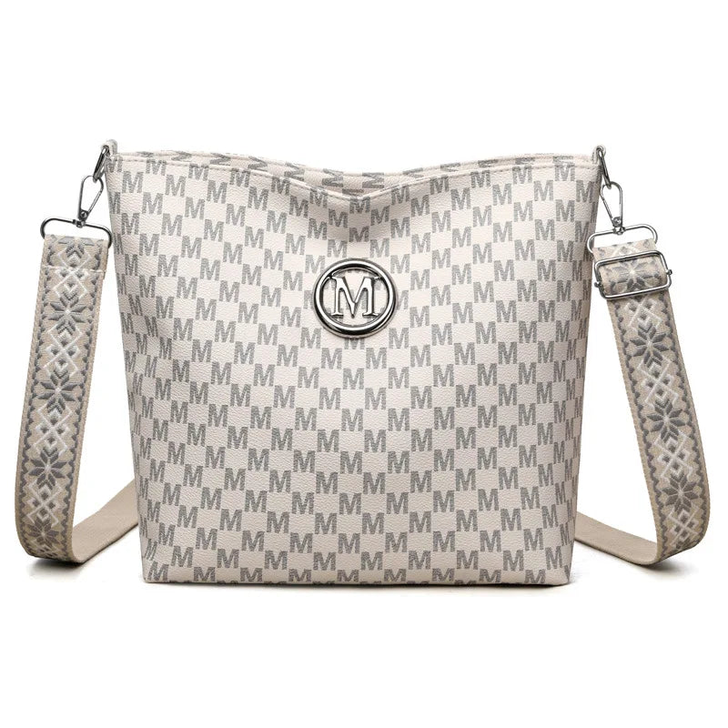 Vintage Women's Crossbody Bag, Faux Leather Shoulder Bag with Gold Hardware, "M" Pattern Design, Removable Strap for Daily Use