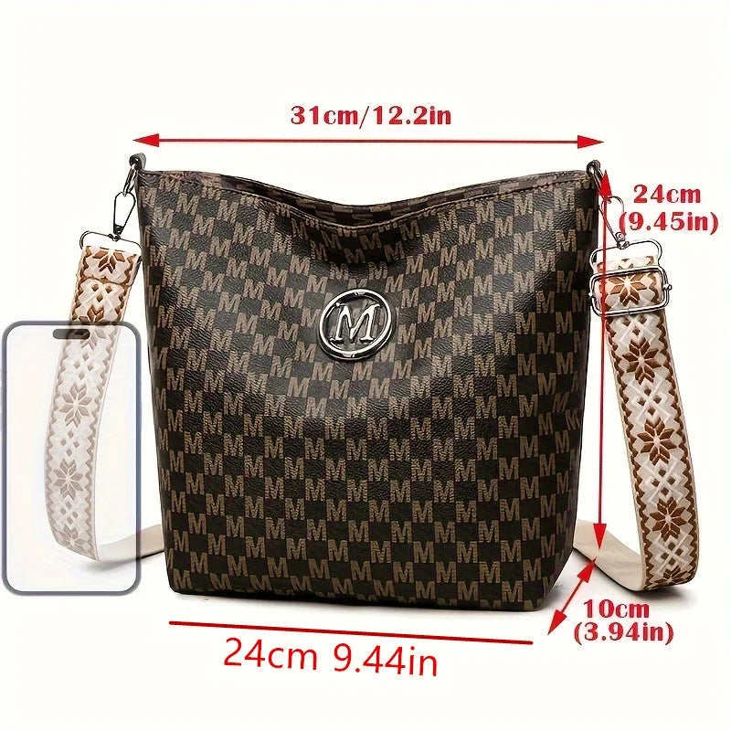 Vintage Women's Crossbody Bag, Faux Leather Shoulder Bag with Gold Hardware, "M" Pattern Design, Removable Strap for Daily Use