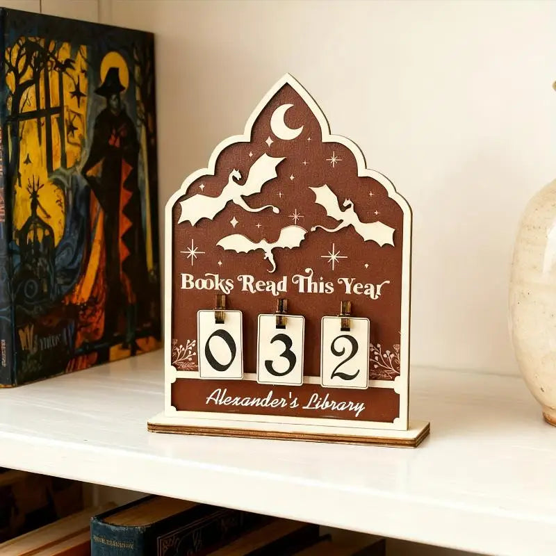 ♥Flat Wooden Book Count Tracker – Anniversary Decor & Desktop Ornament for Reading Goals