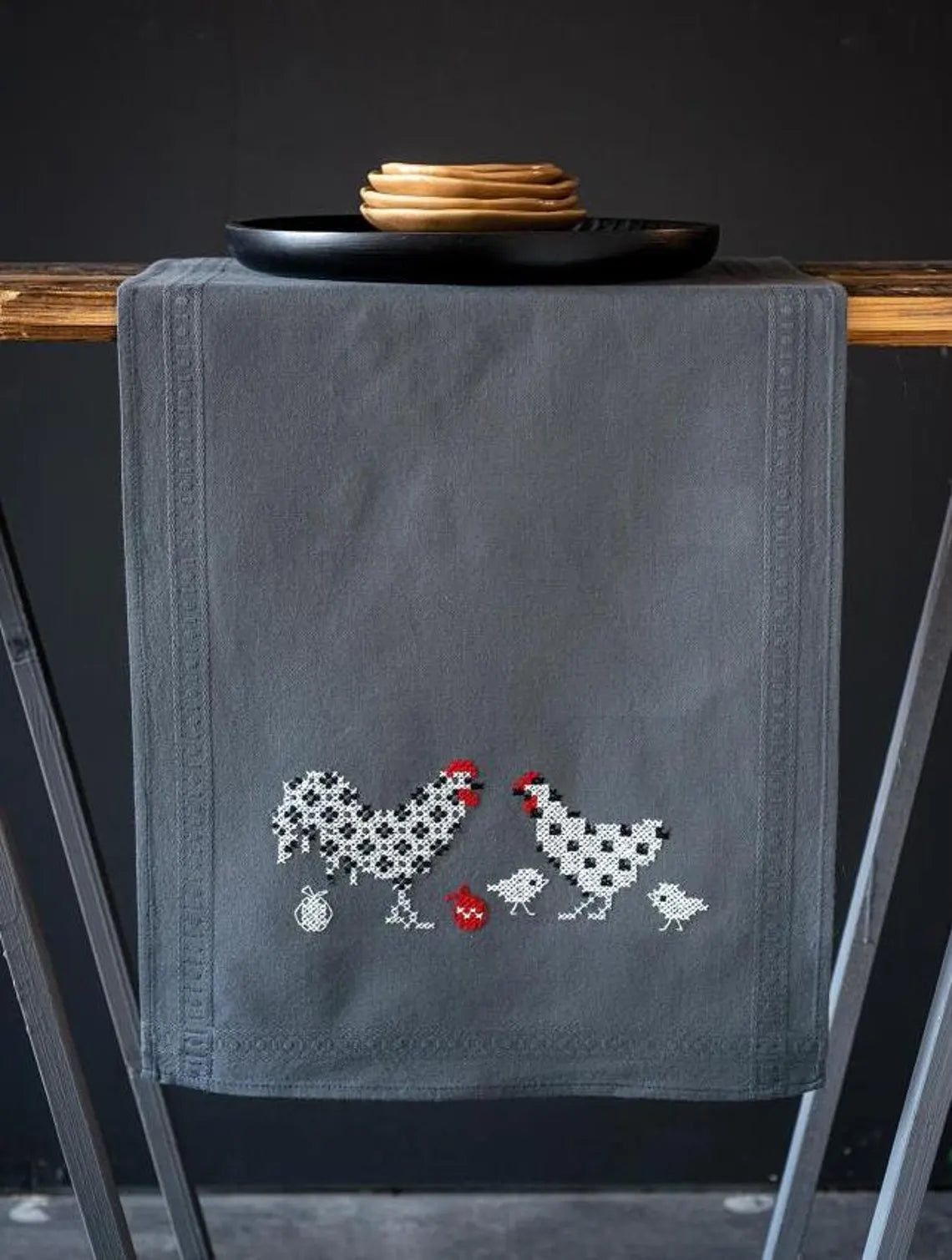 Rooster, Hen, and Chicks Table Runner Kit in Grey Cross Stitch 40 x 102 cm